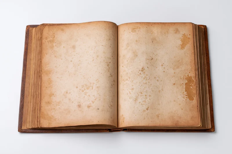 Open vintage hardcover book with blank yellowed pages on white background