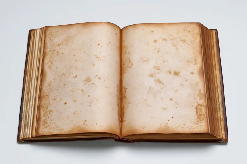 Open vintage hardcover book with blank yellowed pages lying flat on white surface