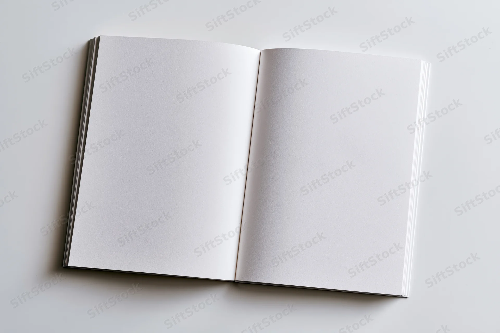 Open blank notebook with empty white pages lying flat on a white surface