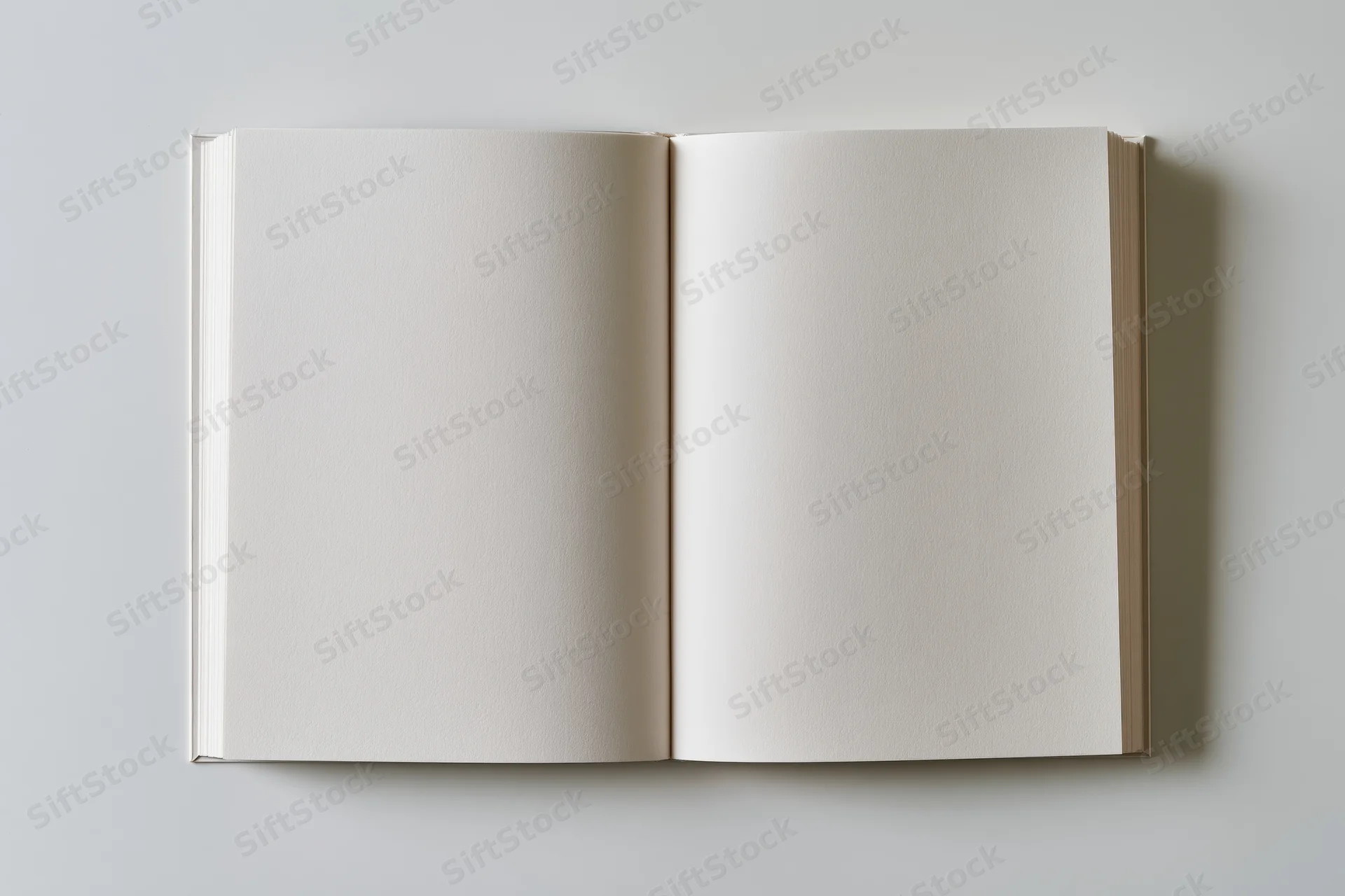 Open blank notebook with empty white pages lying flat on a neutral surface