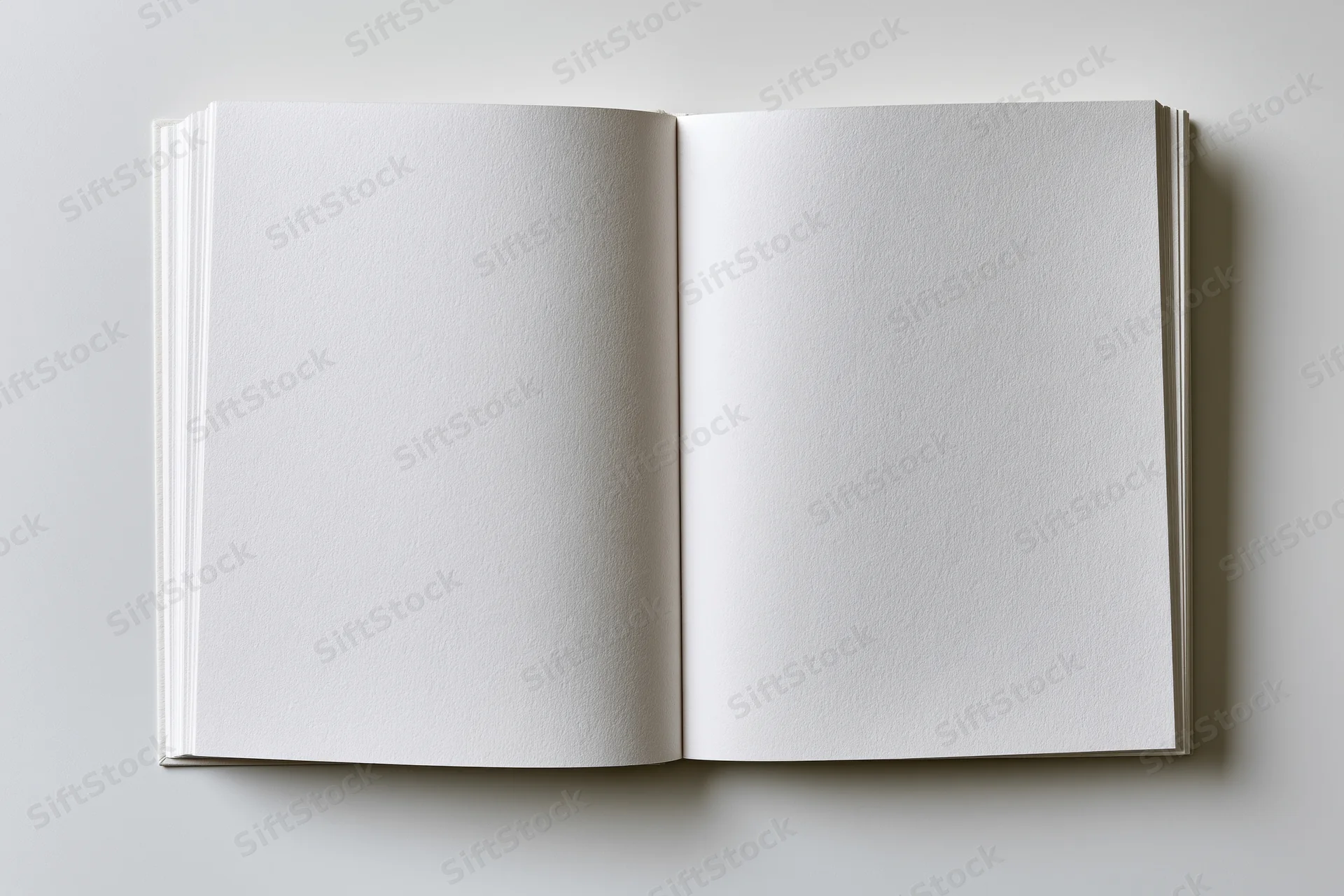 Open blank notebook with white pages lying flat on a plain surface