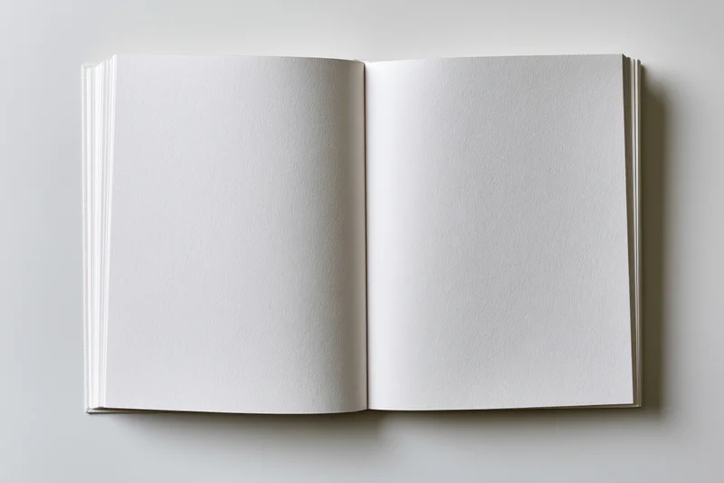 Open blank notebook with white pages lying flat on a plain surface