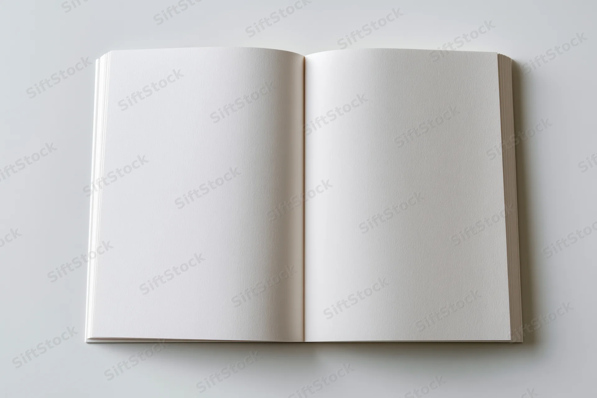 Open blank notebook with white pages lying flat on a plain surface