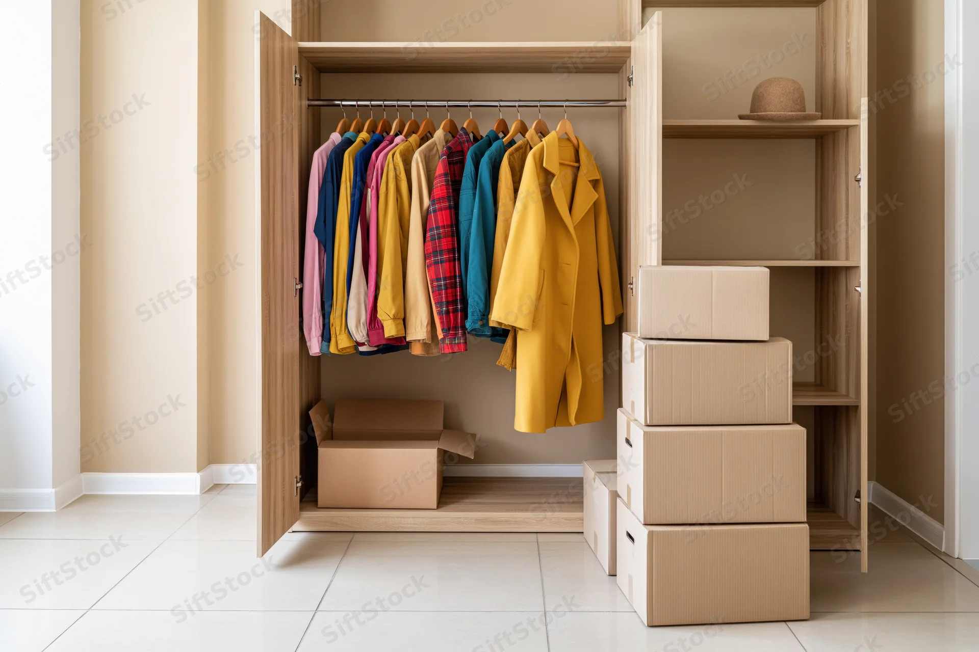 Open wooden wardrobe with hanging clothes and stacked boxes inside a room