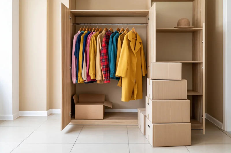 Open wooden wardrobe with hanging clothes and stacked boxes inside a room