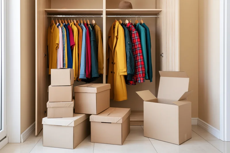 Open built-in wardrobe with hanging clothes and stacked cardboard boxes inside a home interior