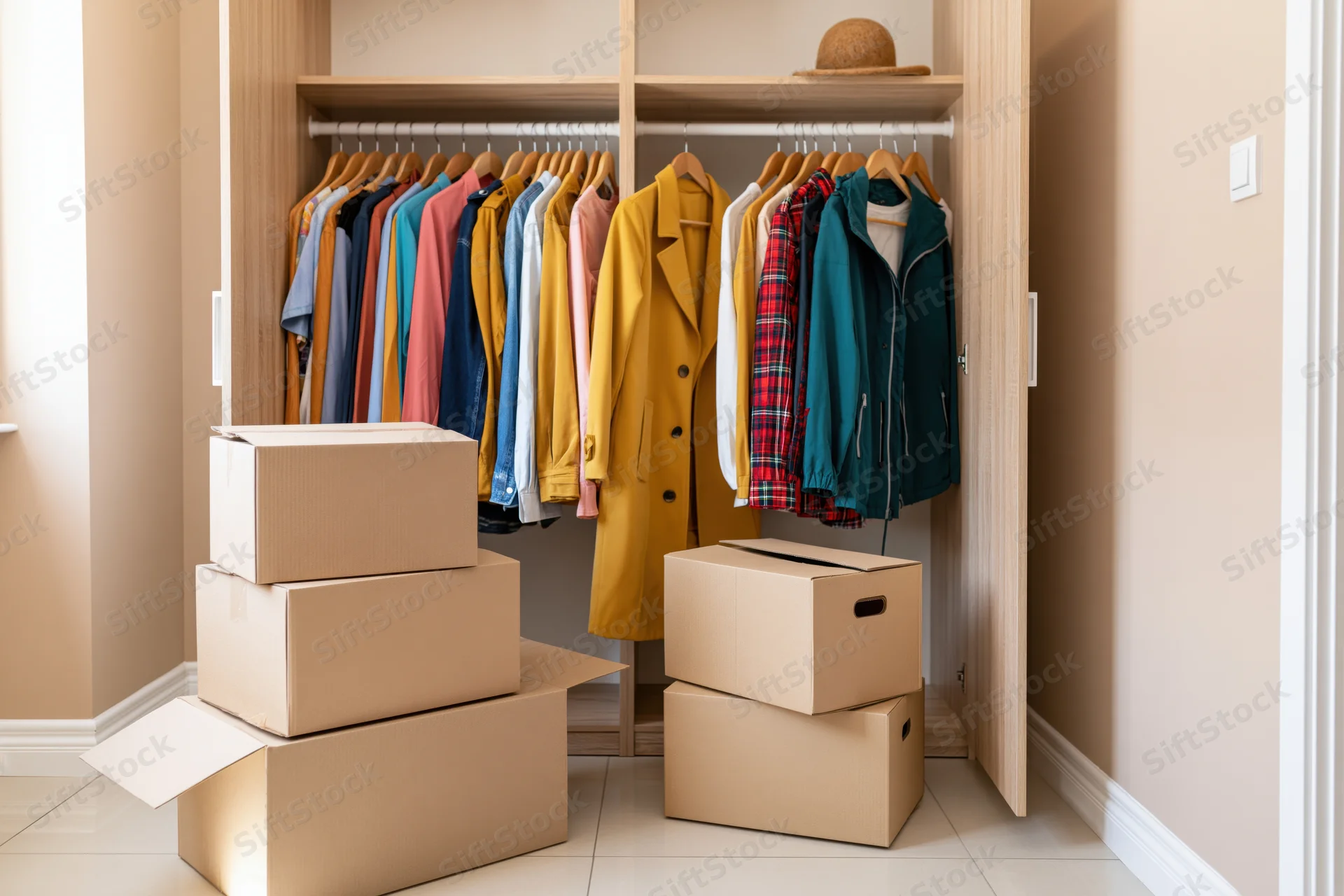 Built-in wardrobe with hanging clothes and stacked cardboard boxes inside a home interior