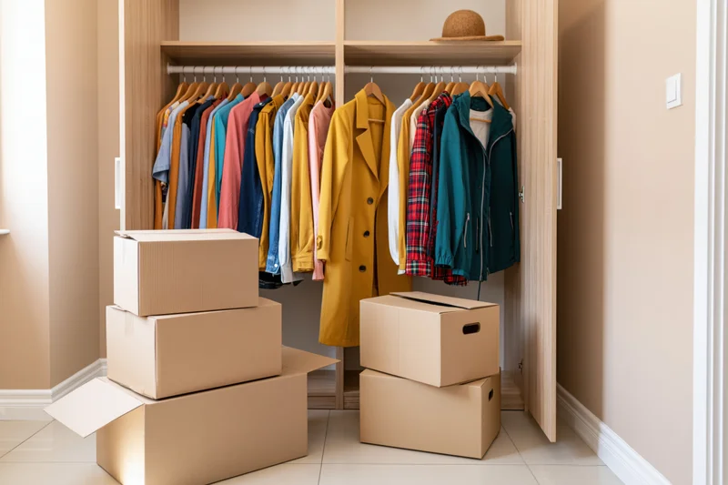 Built-in wardrobe with hanging clothes and stacked cardboard boxes inside a home interior