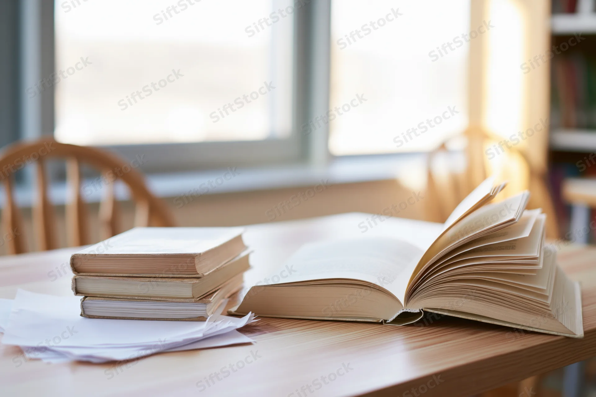 Open hardcover book lying flat on light wooden desk beside stack of books and papers near window