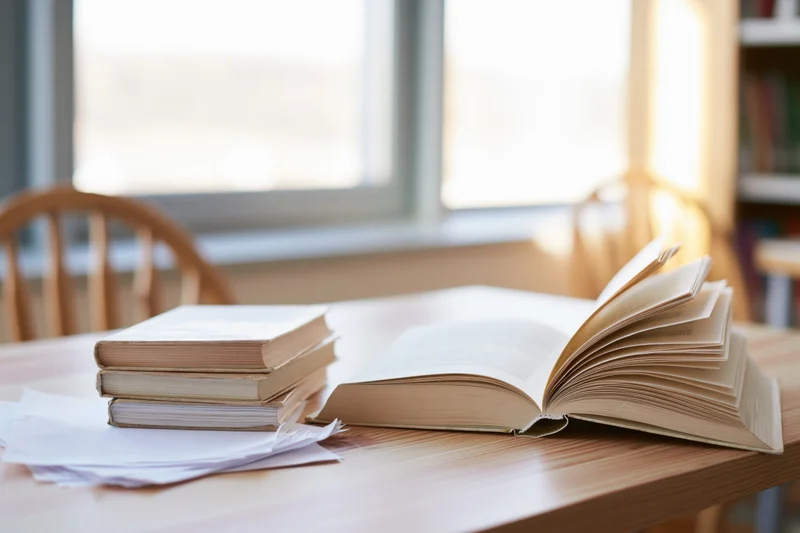 Open hardcover book lying flat on light wooden desk beside stack of books and papers near window