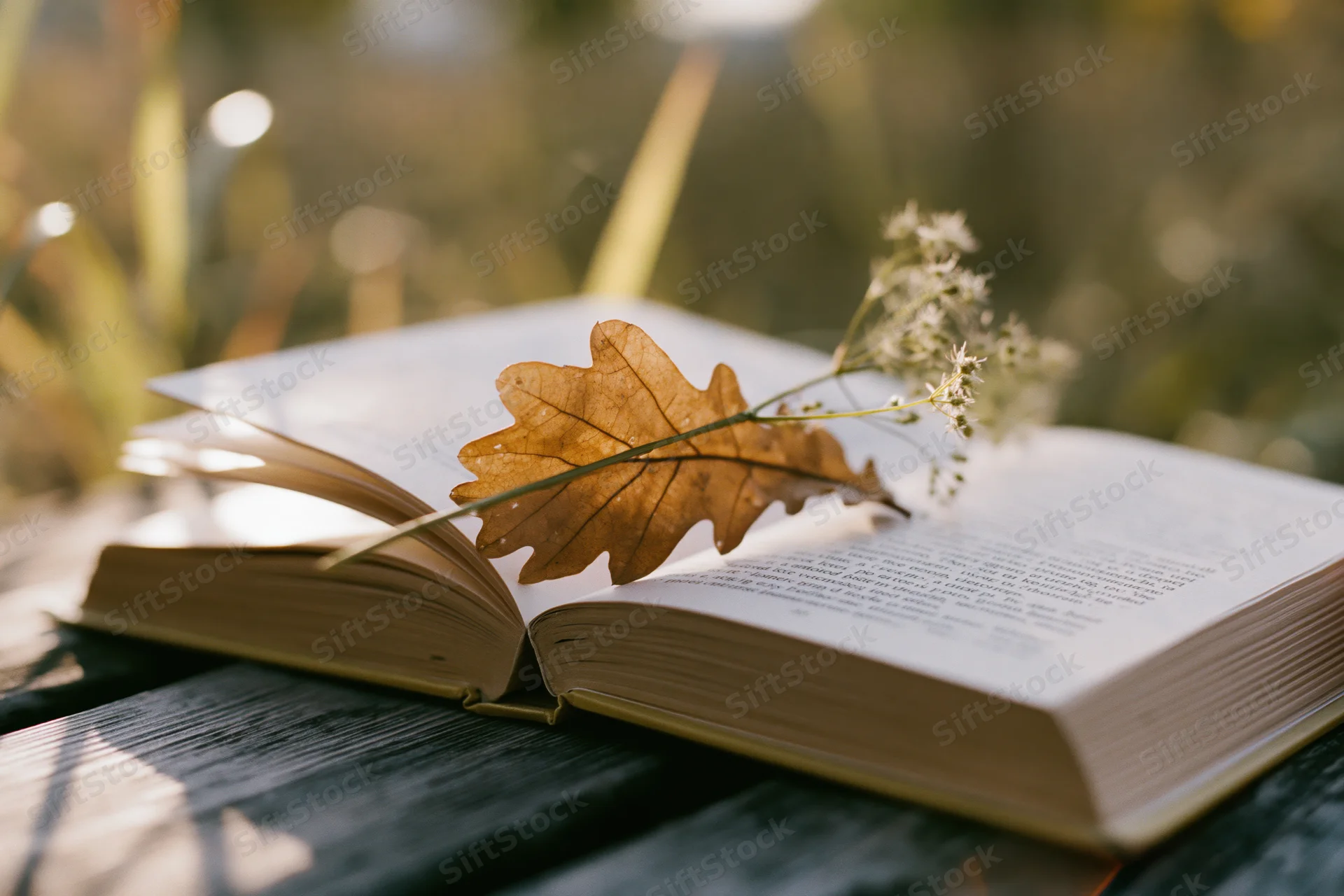 Open hardcover book with dried oak leaf and white flower resting on weathered wooden surface outdoors in sunlight