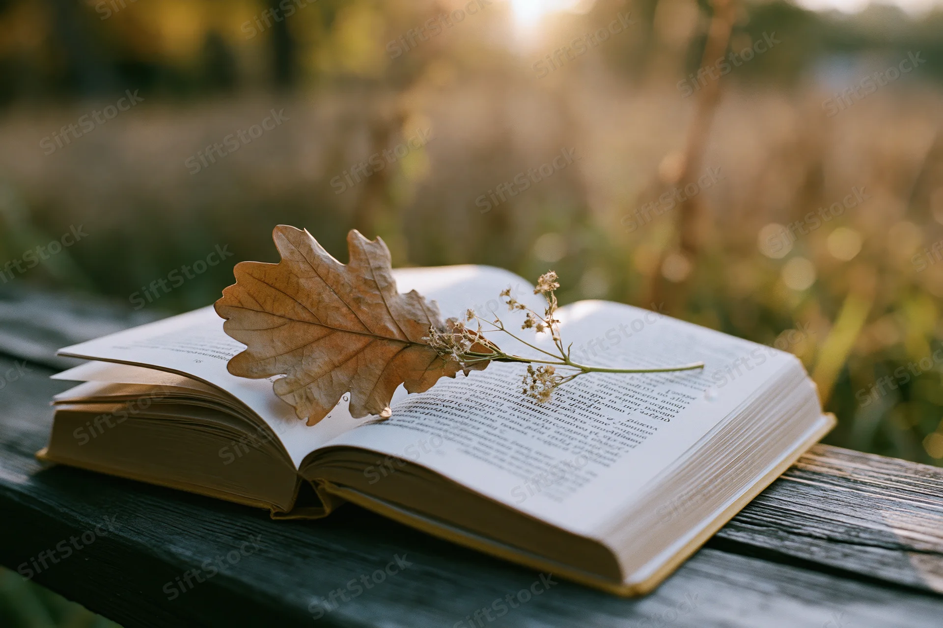 Open hardcover book with dried oak leaf resting on weathered wooden bench outdoors in autumn field at golden hour