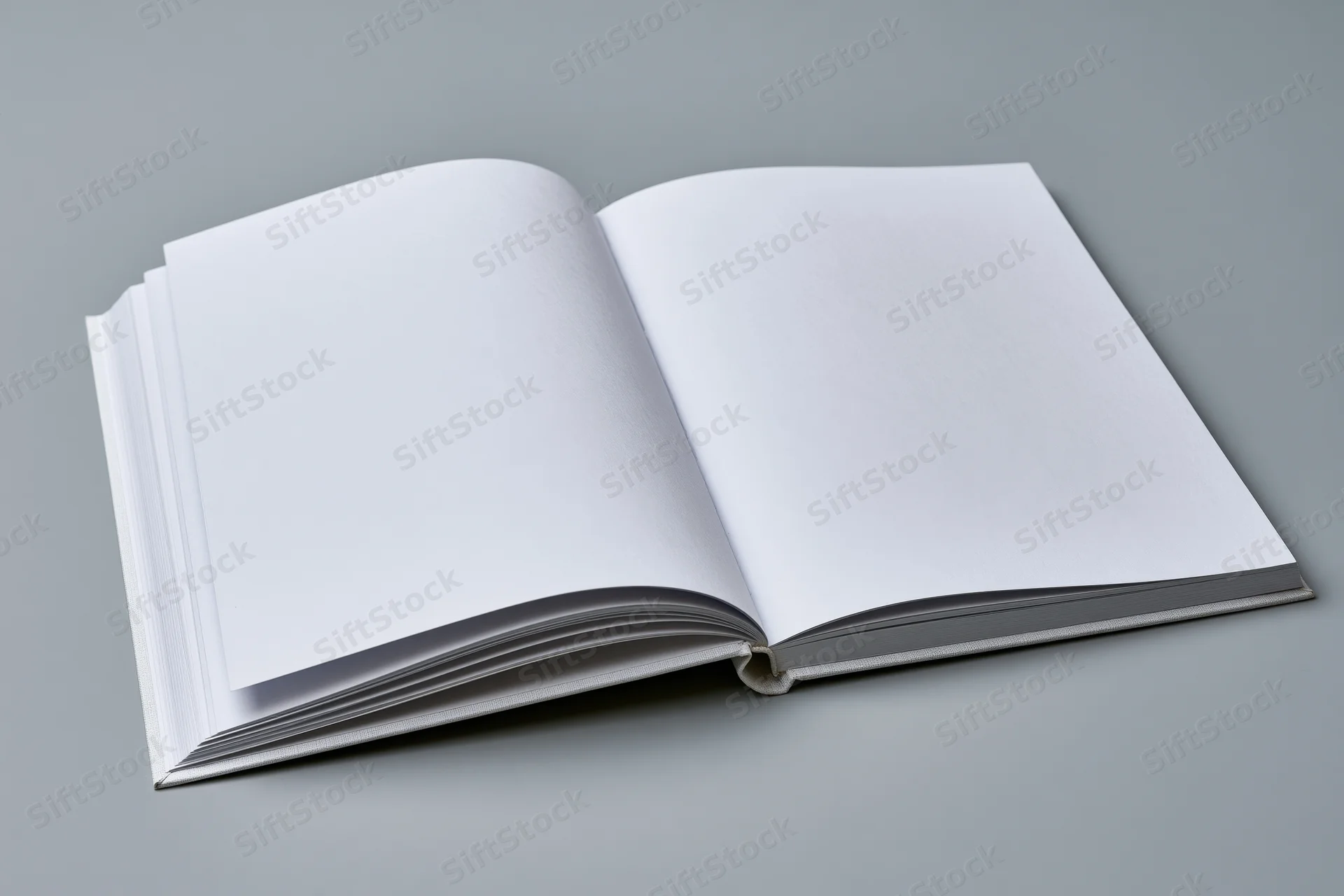 Open hardcover book with blank white pages on gray surface