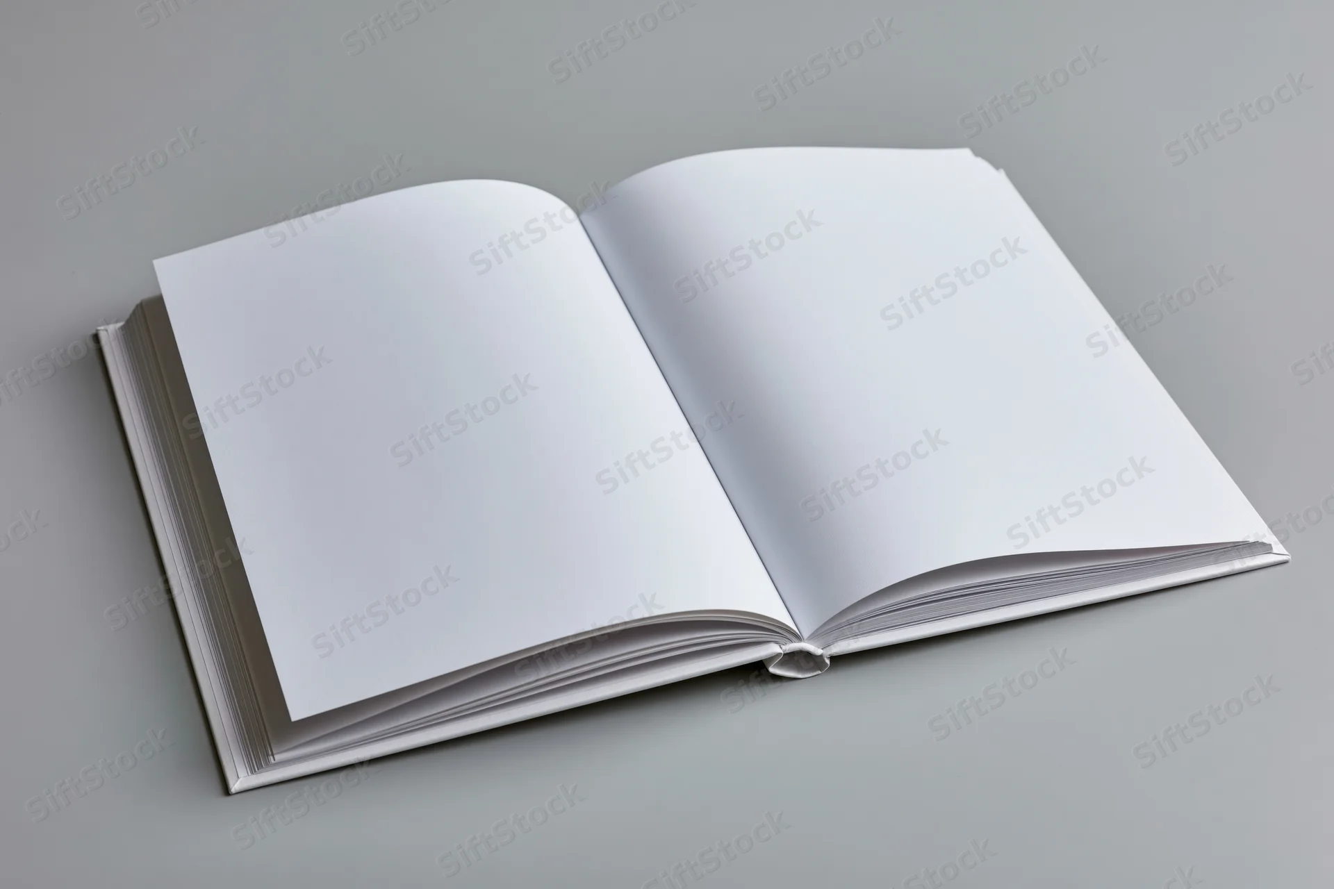 Open hardcover book with blank white pages on gray surface