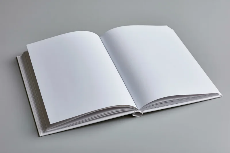 Open hardcover book with blank white pages on gray surface