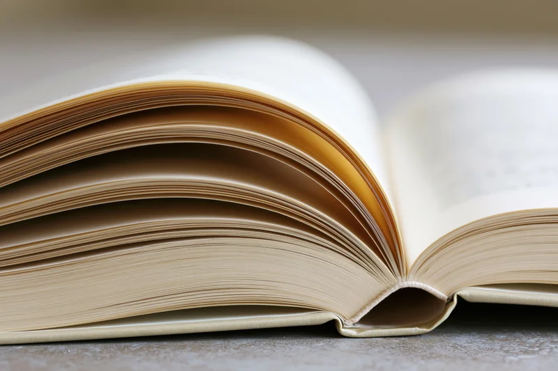 Open hardcover book with pages fanned wide on a flat surface