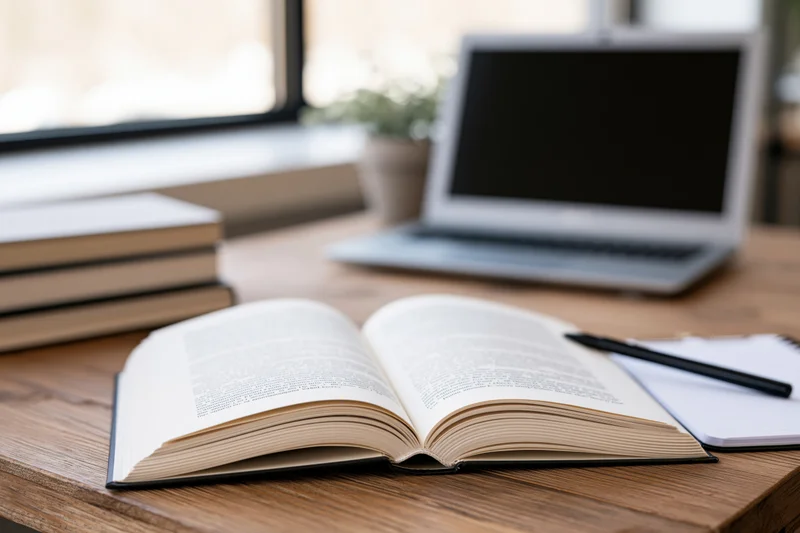 Open hardcover book with printed text pages spread flat on wooden desk beside laptop and notebook near window