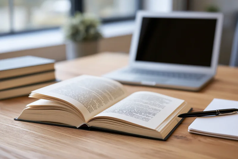 Open hardcover book with printed text pages spread flat on wooden desk beside laptop and notebook