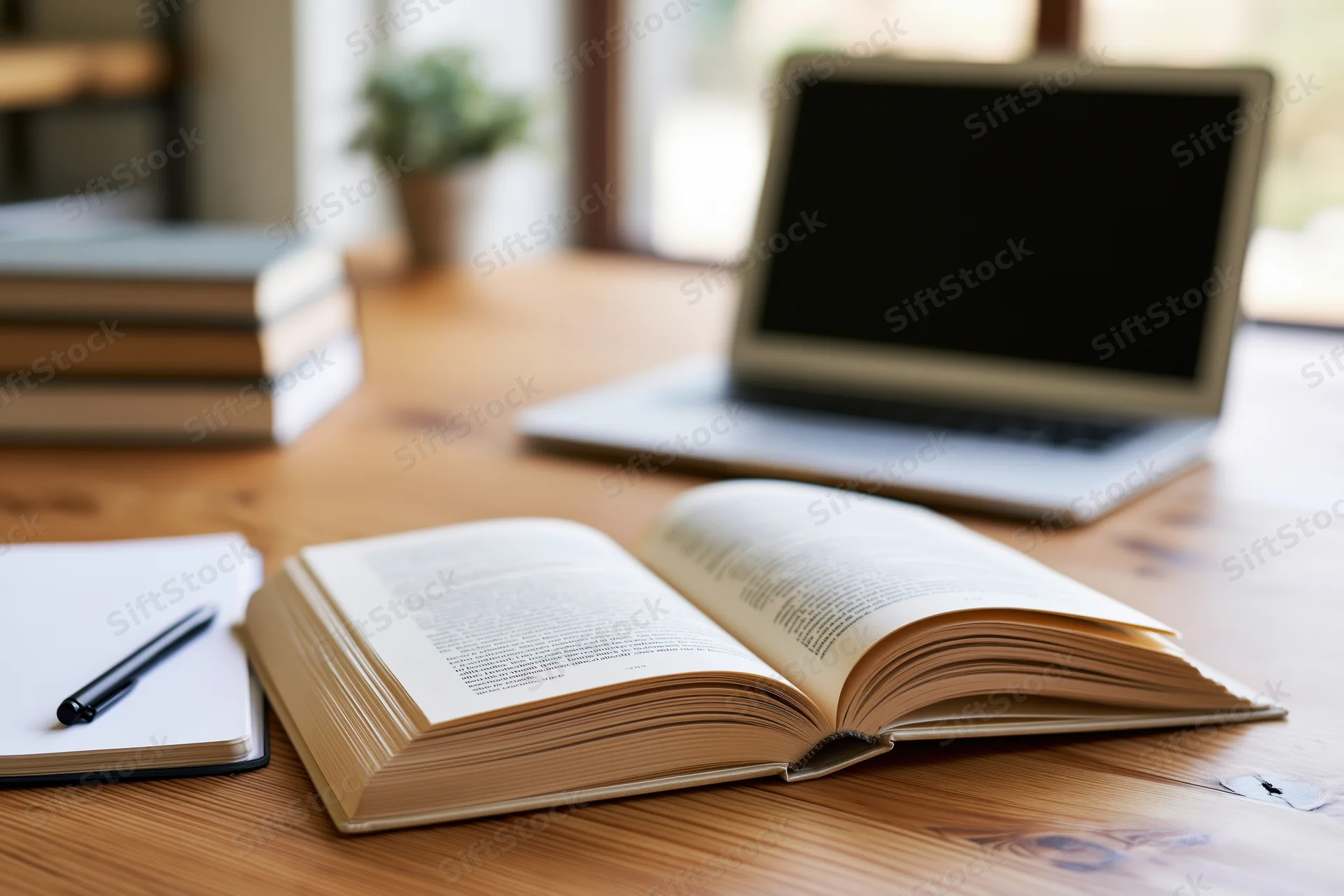 Open hardcover book with printed text pages spread flat on wooden desk beside laptop and notebook