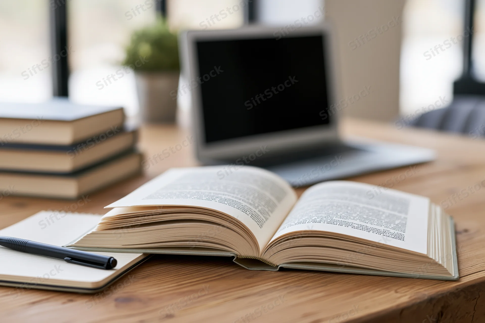 Open hardcover book with printed text pages spread flat on wooden desk beside laptop and notebook