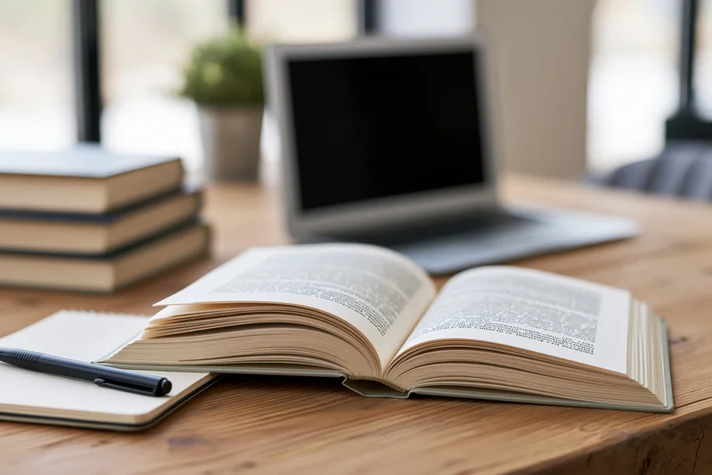 Open hardcover book with printed text pages spread flat on wooden desk beside laptop and notebook