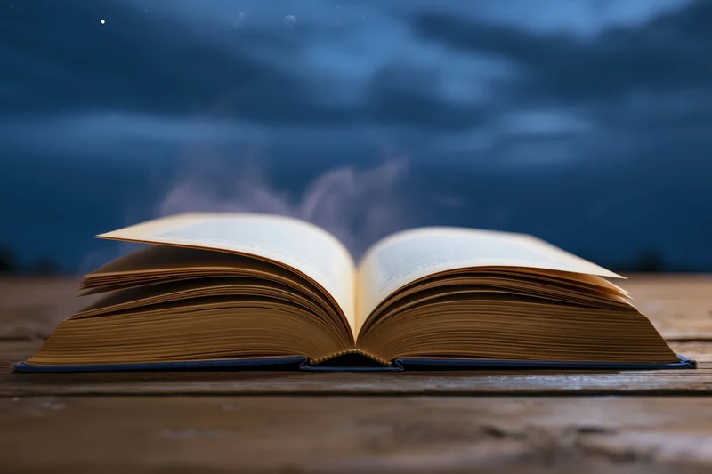 Open hardcover book with yellowed pages resting on a wooden table under a dark cloudy night sky with wisps of smoke rising from the pages