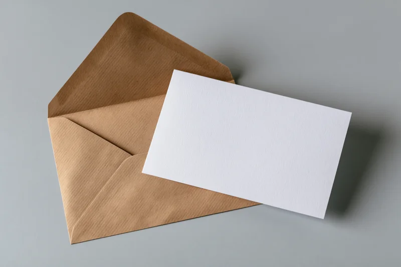 Open kraft paper envelope with blank white card resting on gray surface
