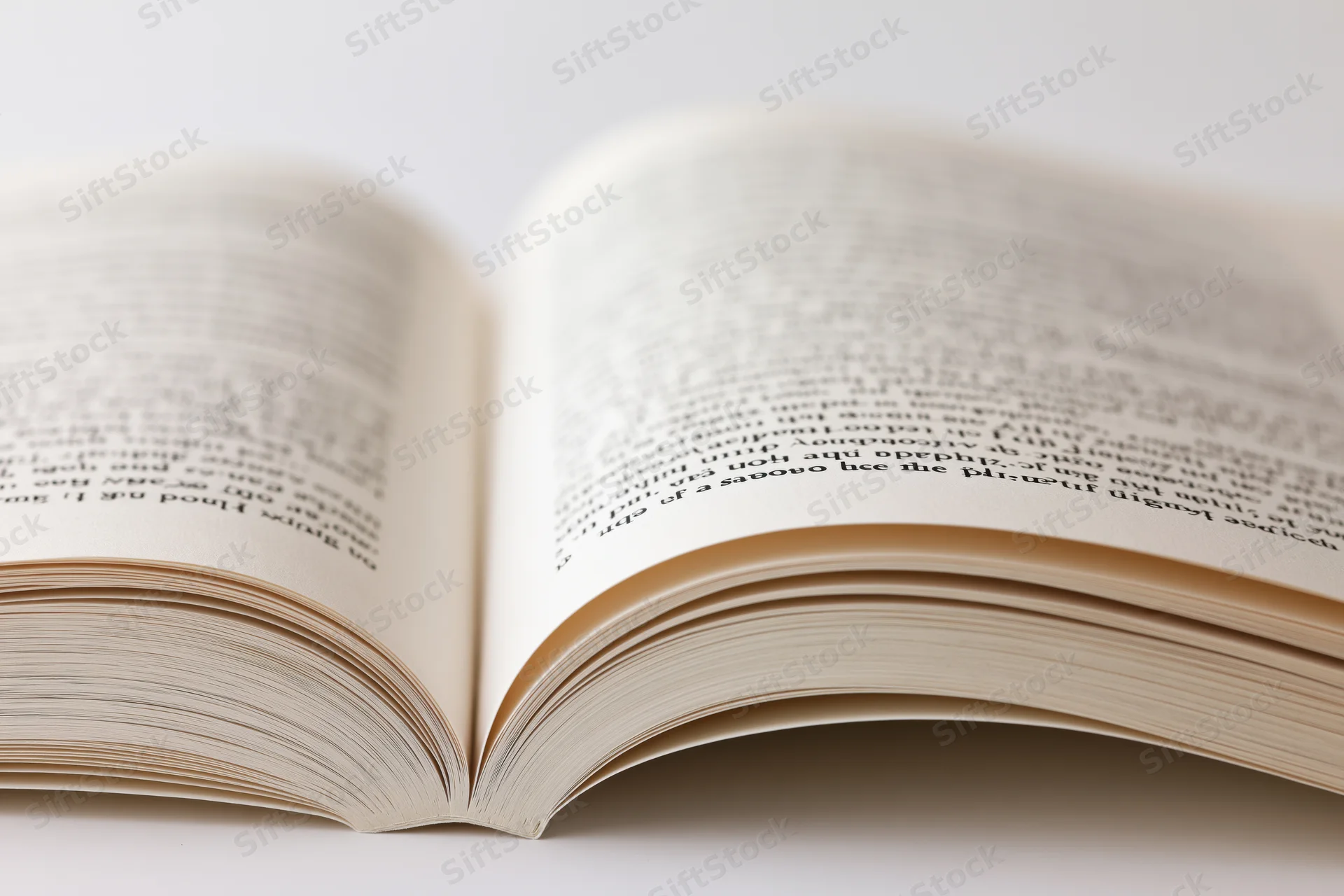 Open paperback book with pages spread on white background