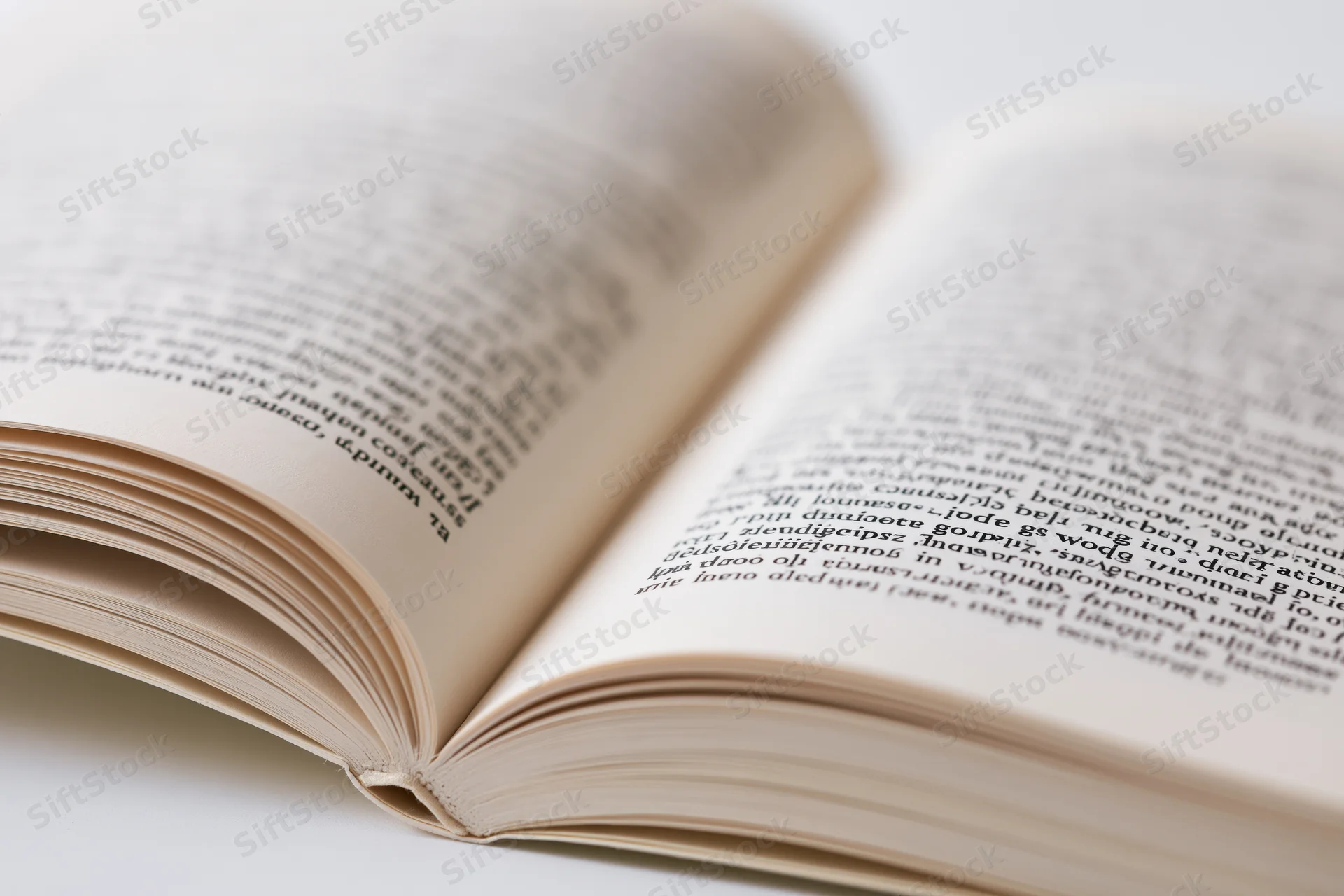 Open paperback book with pages spread apart on white surface