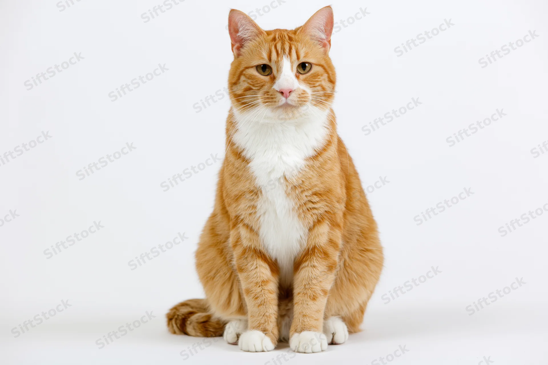 Orange and white tabby cat sitting upright facing camera on white background