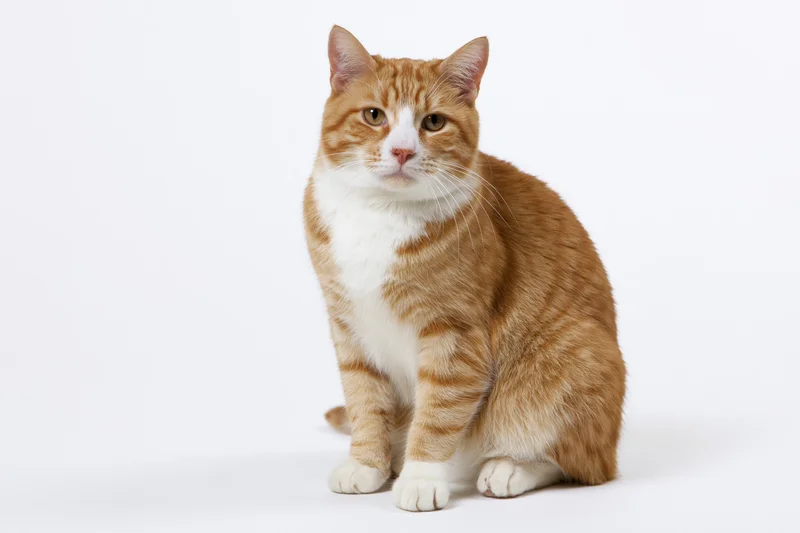 Orange and white tabby cat sitting upright facing camera on white background