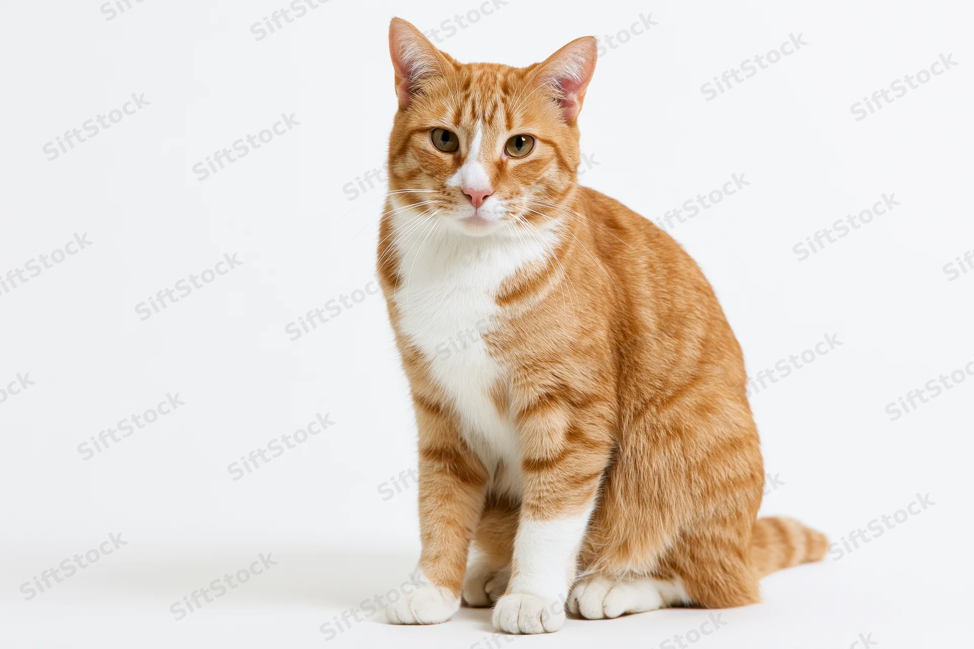 Orange and white tabby cat sitting upright facing camera on white background