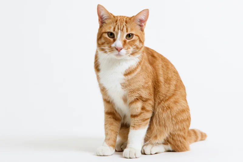 Orange and white tabby cat sitting upright facing camera on white background