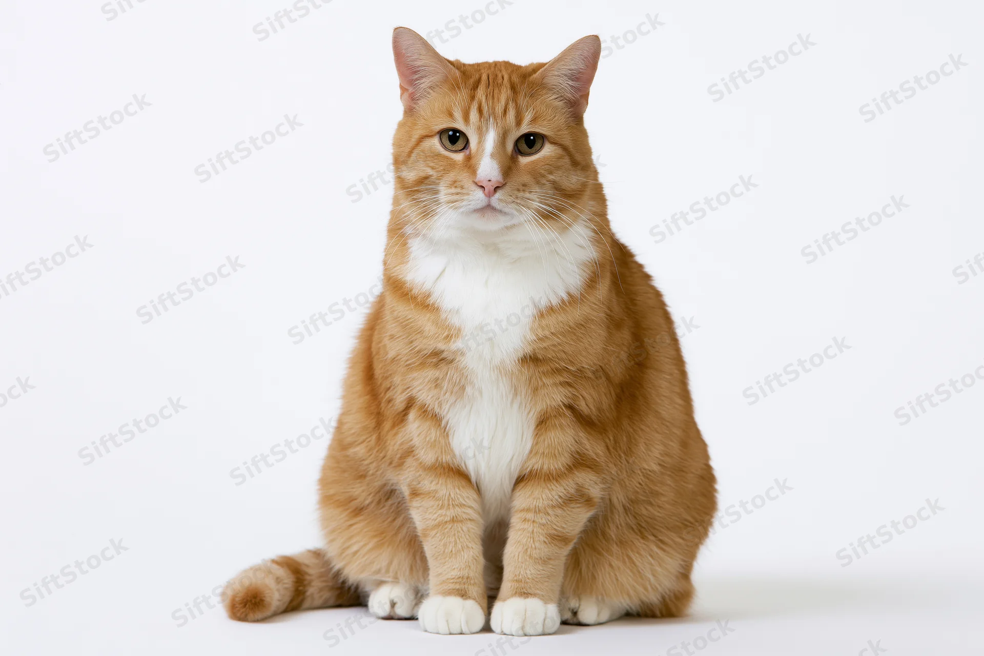 Orange and white tabby cat sitting upright facing camera on white background