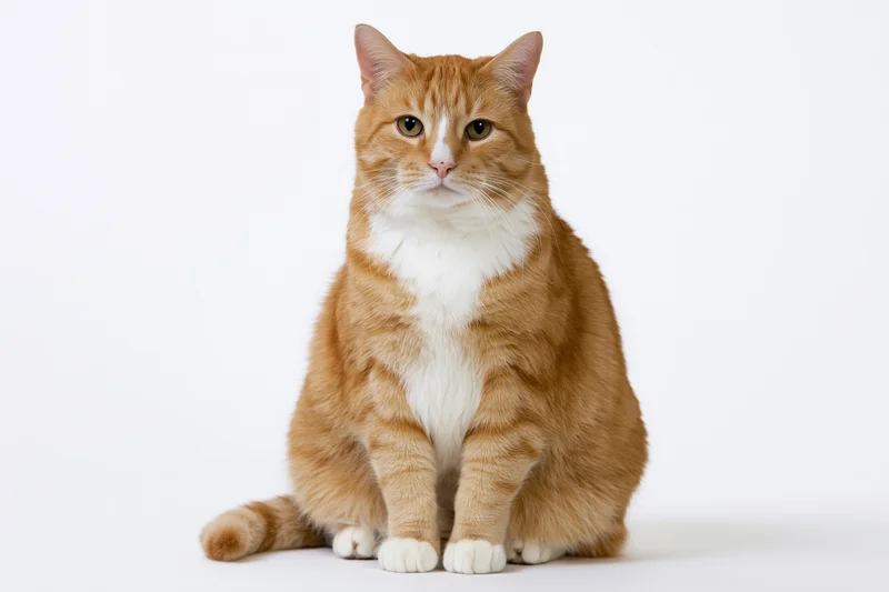 Orange and white tabby cat sitting upright facing camera on white background