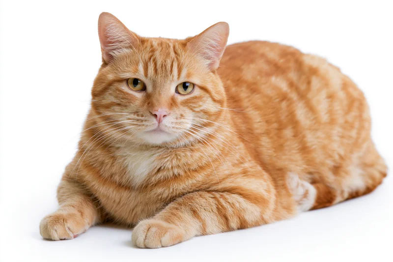 Orange tabby cat lying down with paws forward looking directly at camera on white background