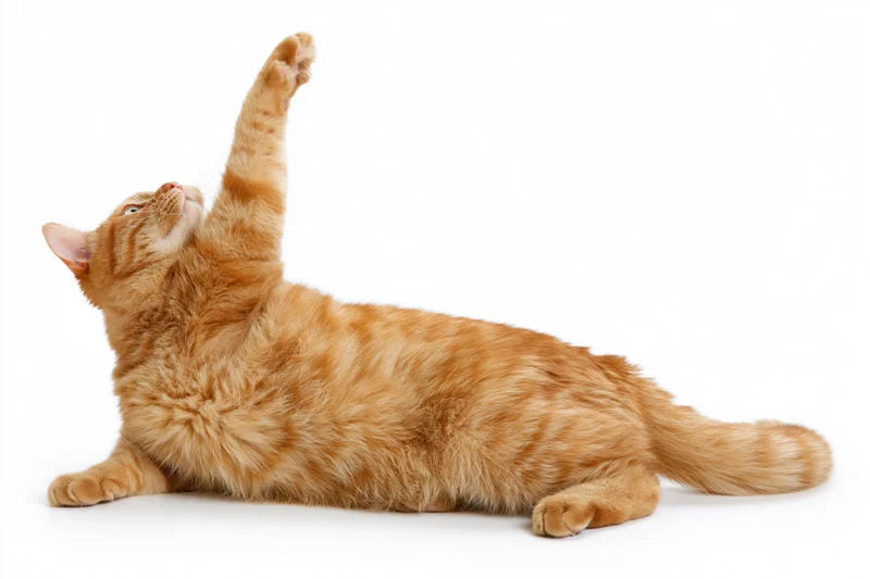 Orange tabby cat lying on its side with one front paw raised in stretch against white background