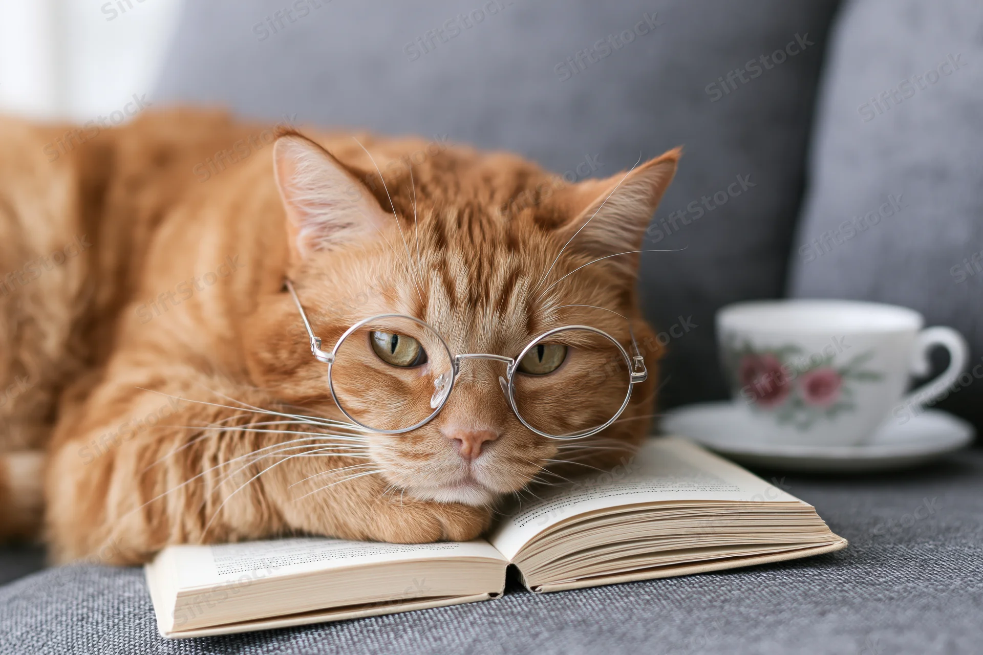 Orange tabby cat wearing round wire-rimmed glasses resting head on open book on gray couch with tea cup nearby