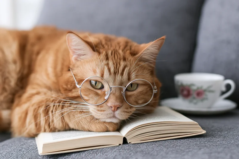Orange tabby cat wearing round wire-rimmed glasses resting head on open book on gray couch with tea cup nearby