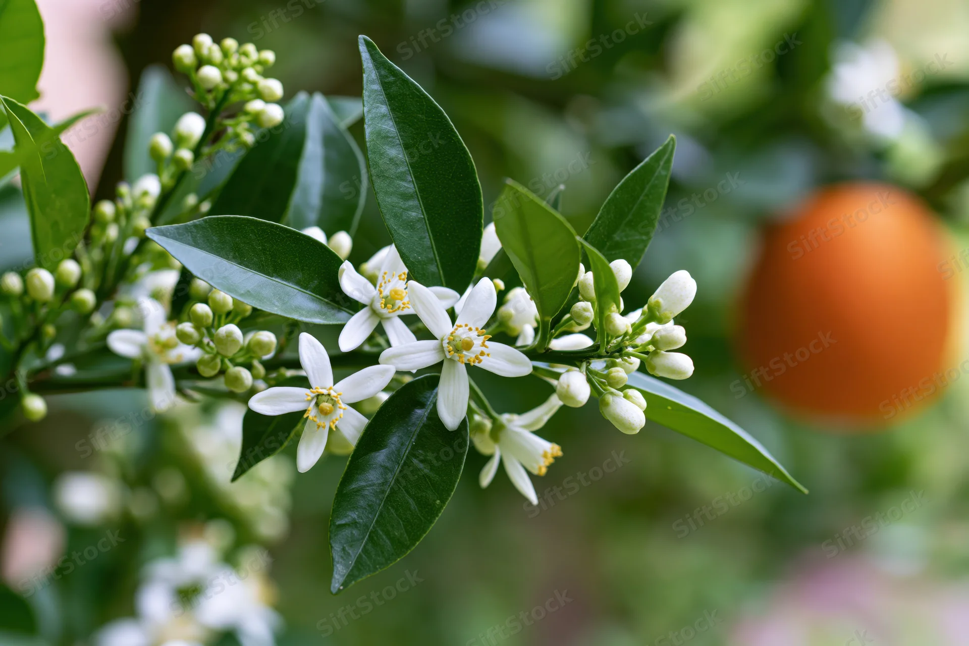 Orange tree branch with white blossoms and green buds in a garden setting