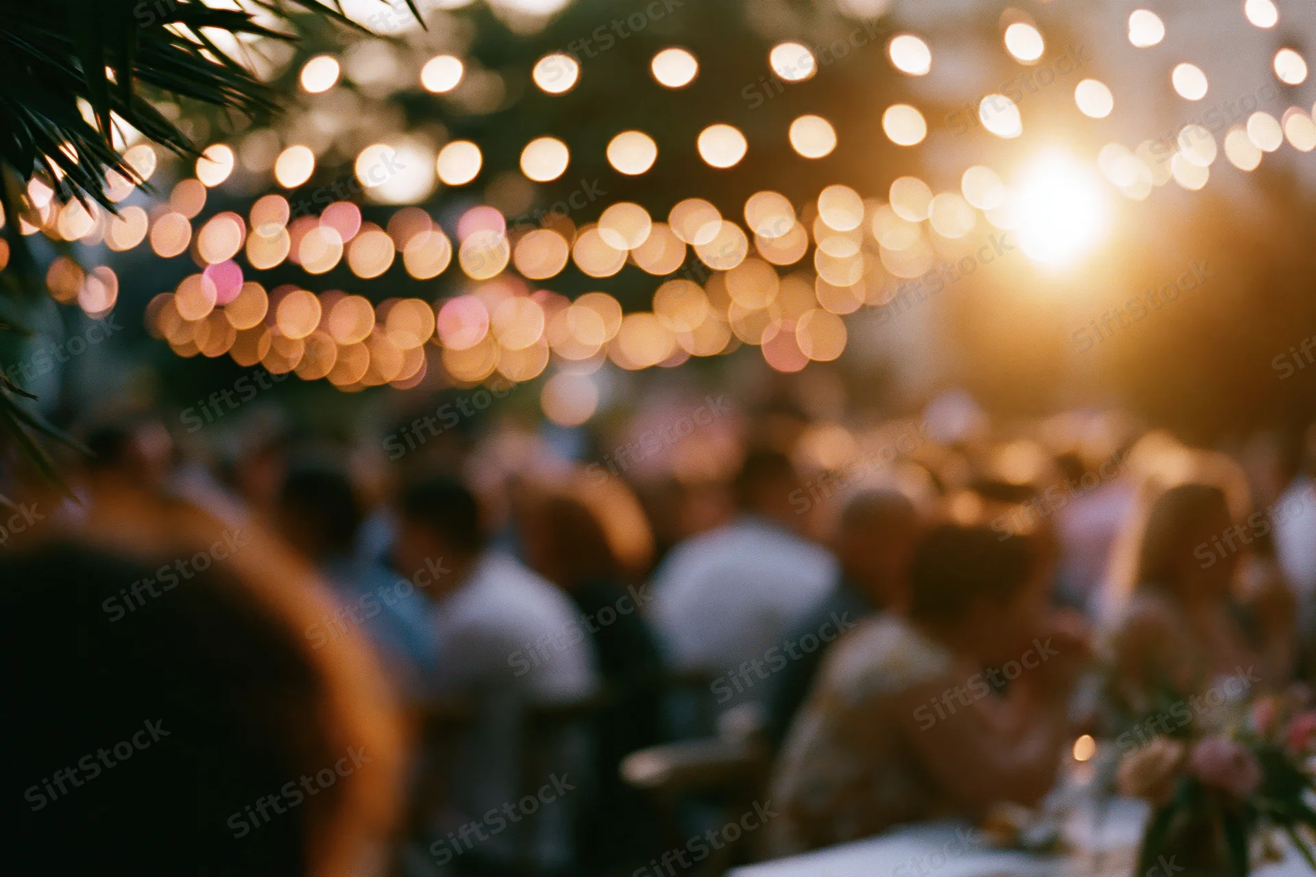 Blurred outdoor evening gathering with string lights overhead and people dining at tables