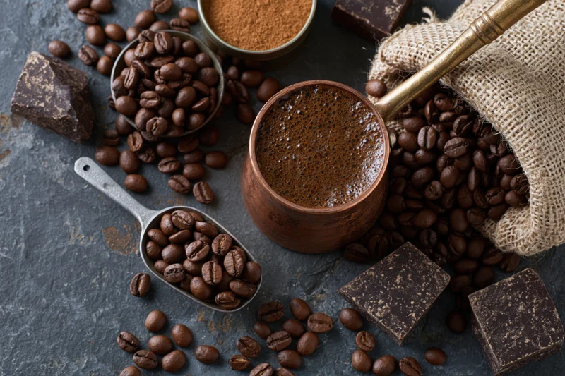 Vintage copper cezve filled with frothy coffee surrounded by scattered beans and chocolate bars on dark stone surface