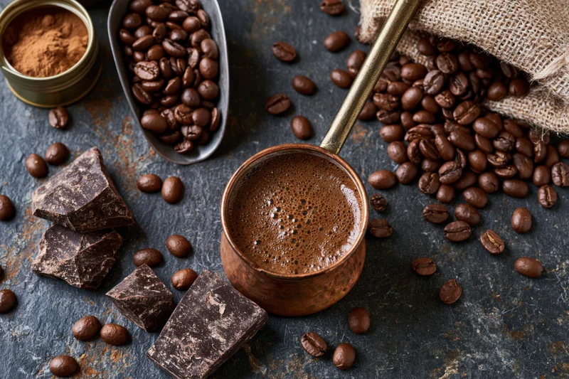 Vintage copper cezve filled with frothy coffee surrounded by roasted beans and chocolate chunks on dark slate surface