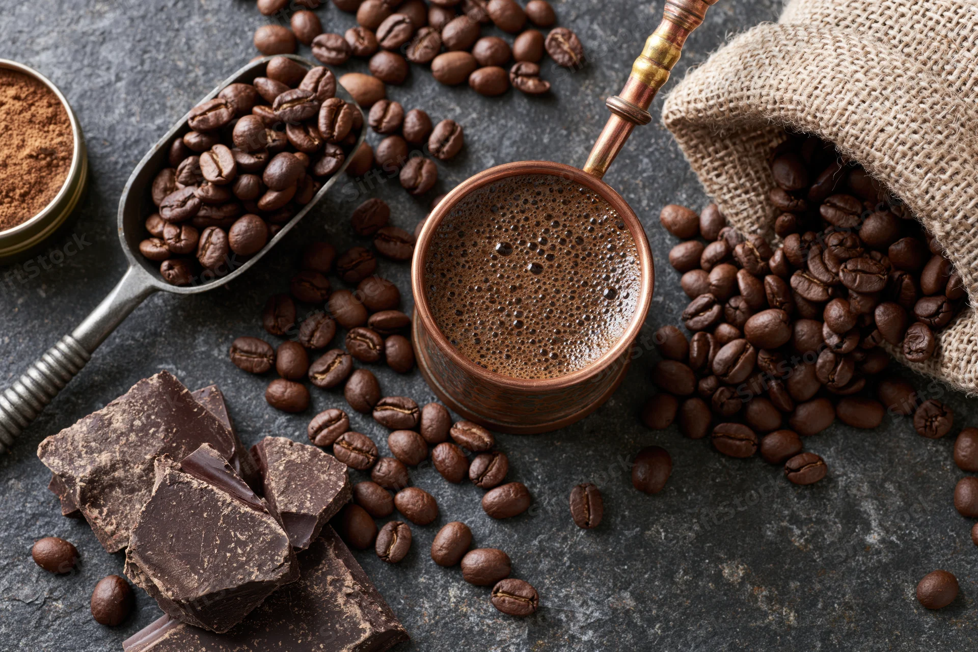 Vintage copper cezve filled with frothy coffee surrounded by scattered beans, chocolate chunks, and a burlap sack on dark surface