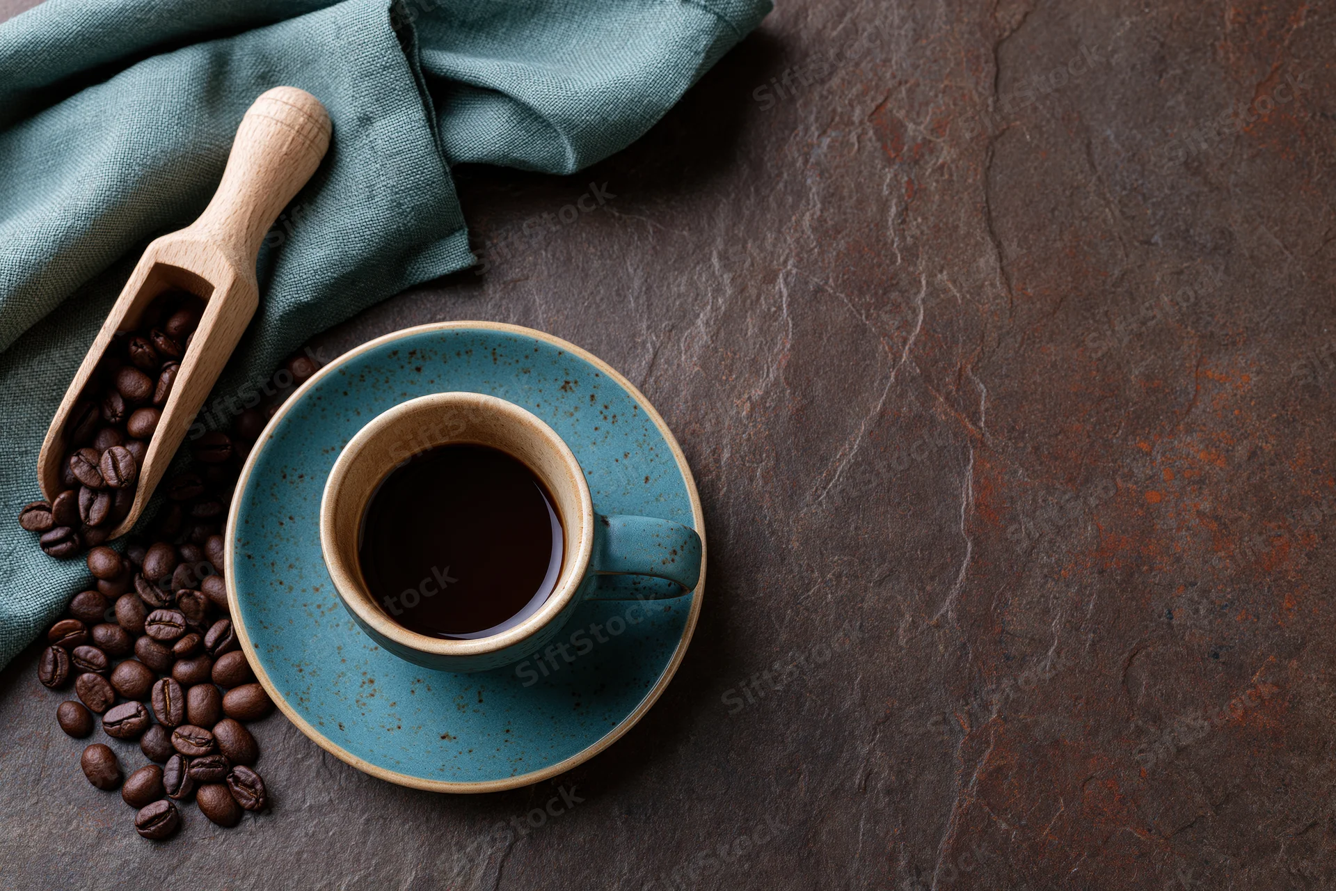 Teal ceramic coffee cup with saucer and coffee beans on slate surface, overhead flat lay arrangement