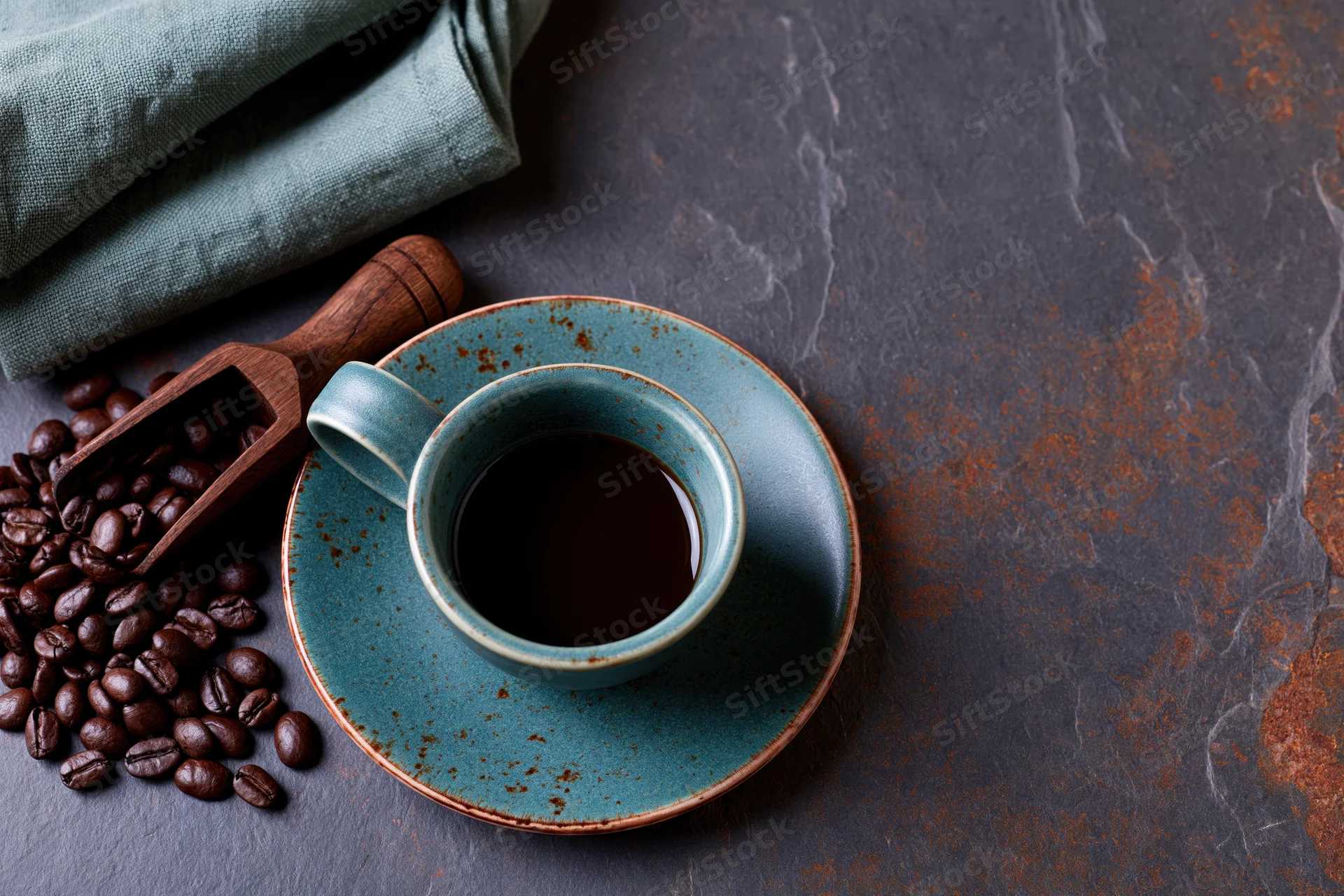 Teal ceramic coffee cup filled with dark coffee on a marble countertop beside coffee beans and a wooden scoop