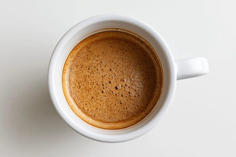 Overhead view of a white ceramic coffee cup filled with frothy espresso on a plain white surface