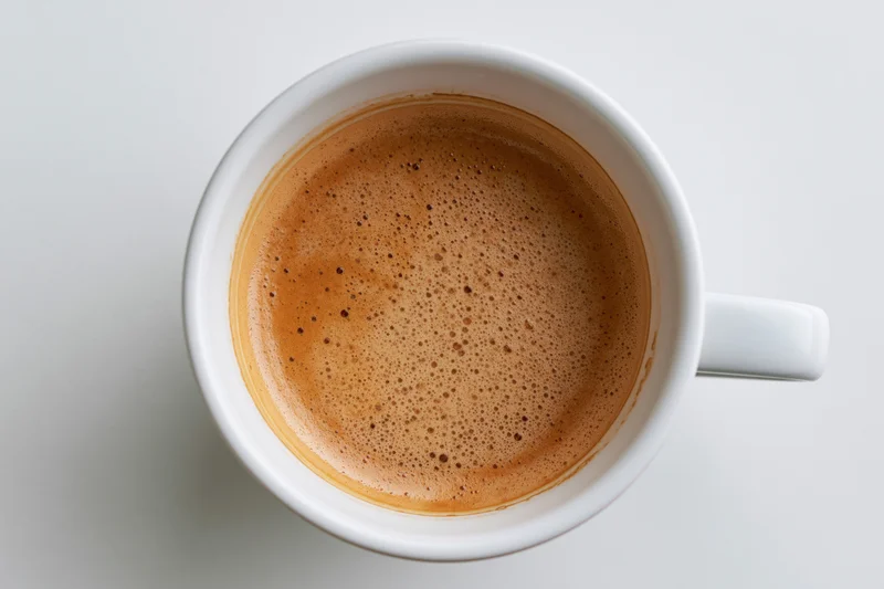 Overhead view of a white ceramic coffee cup filled with foamy coffee on a plain white surface