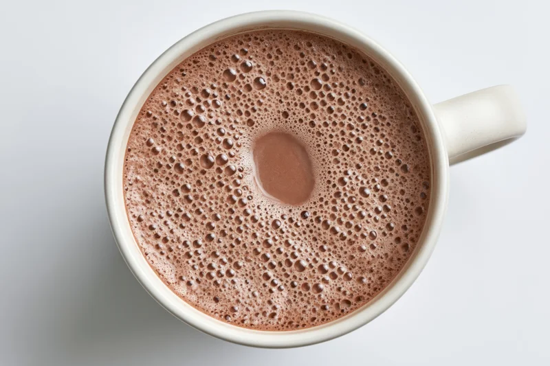 Overhead view of a white ceramic mug filled with frothy hot chocolate on a plain white surface