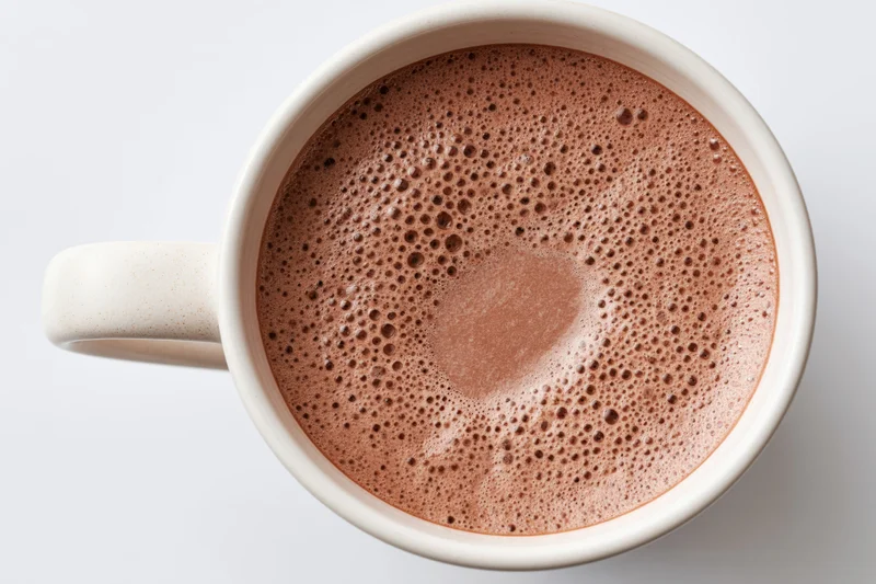 Overhead view of a white ceramic mug filled with frothy hot chocolate on a plain white surface
